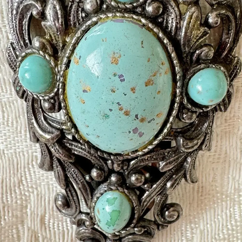 Vintage Art Deco Filigree Turquoise Glass & Silver Dress Fur Clip Brooch 1920s